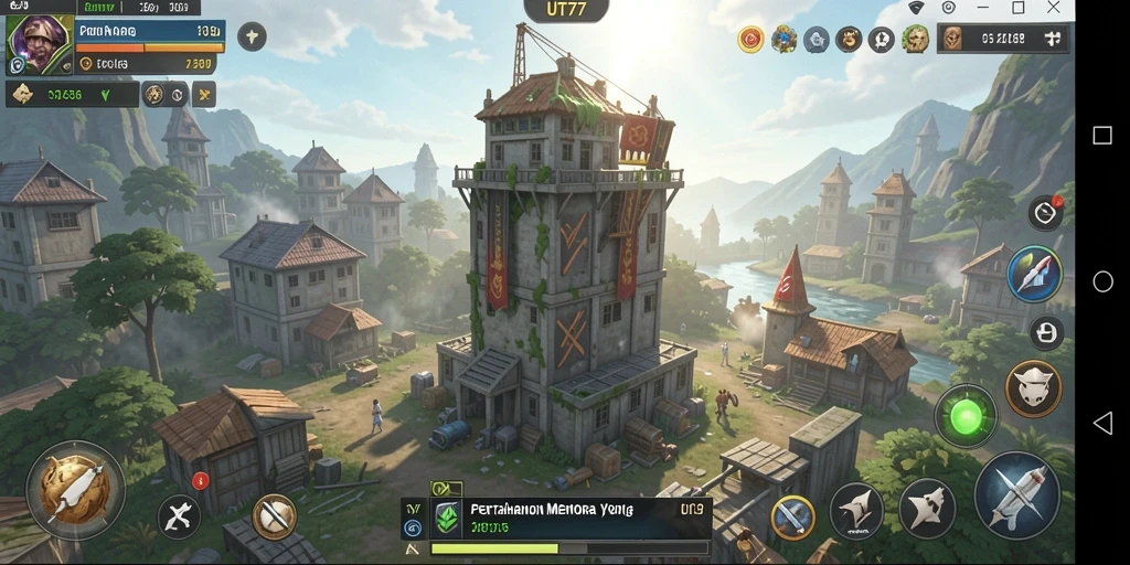 Tangkapan layar gameplay UT77 menampilkan menara dan aksi pertahanan yang seru.